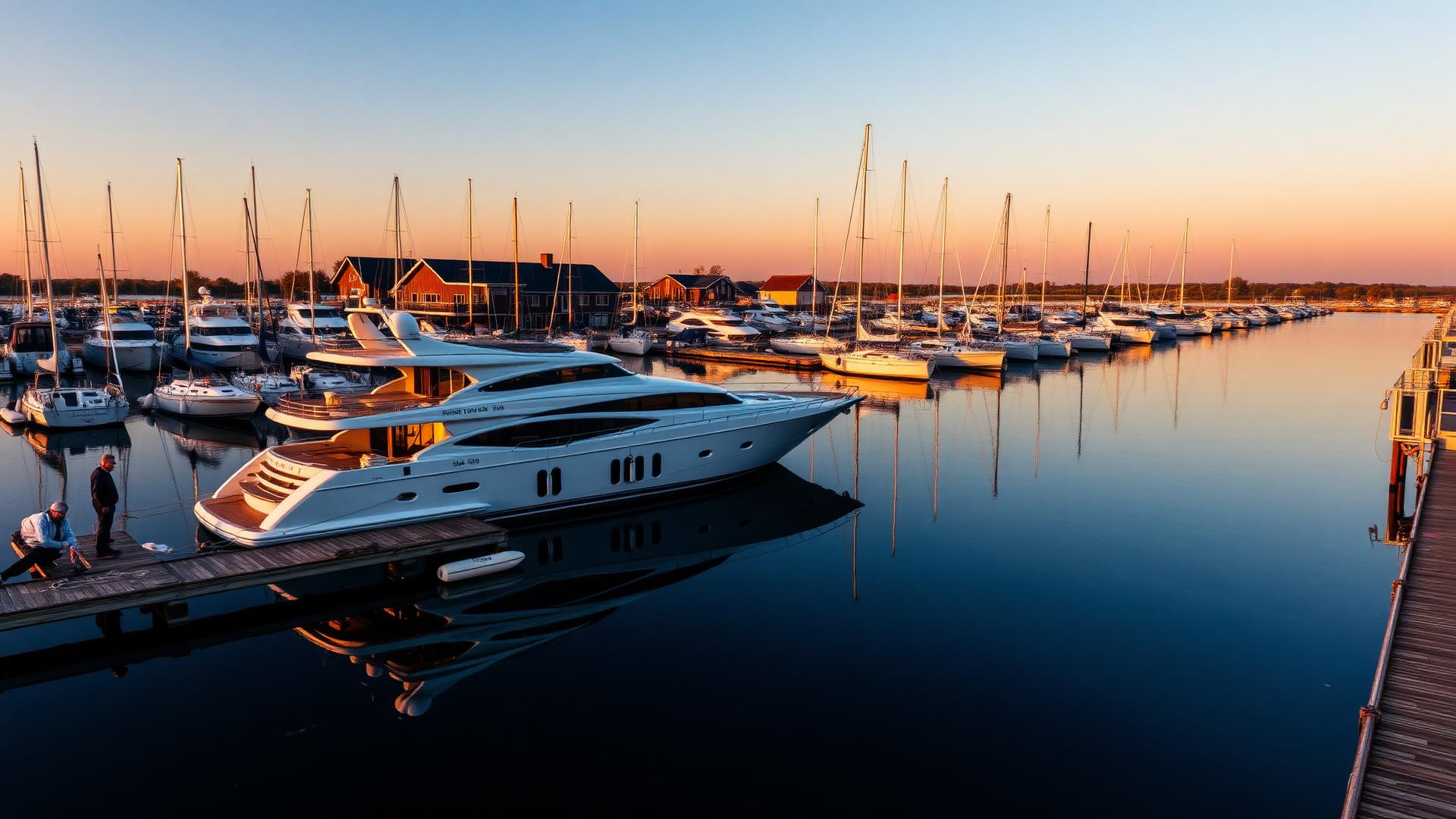Jacht aangelegd in een Nederlandse jachthaven bij zonsondergang